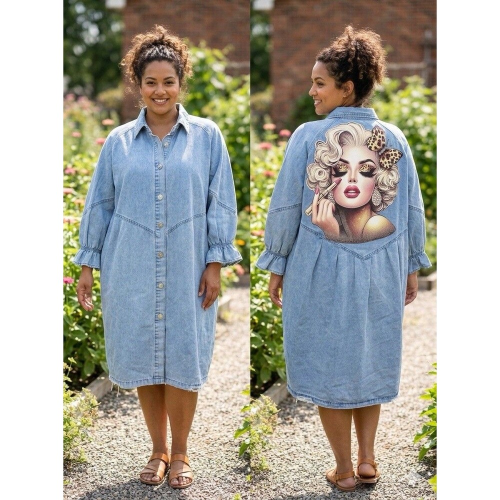 NWT XL Denim Shirt Dress Graphic Back Retro Glam Art to Wear Oversized Vintage